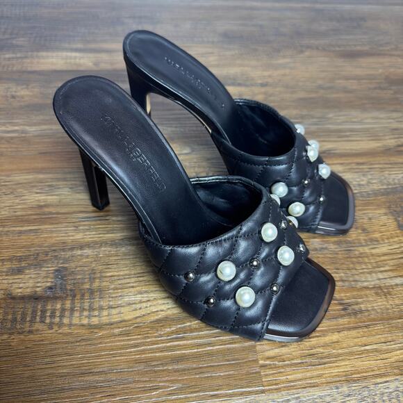 Karl Lagerfeld size 7 AMINA black open toe pearl studded quilted mule heel - Picture 1 of 13